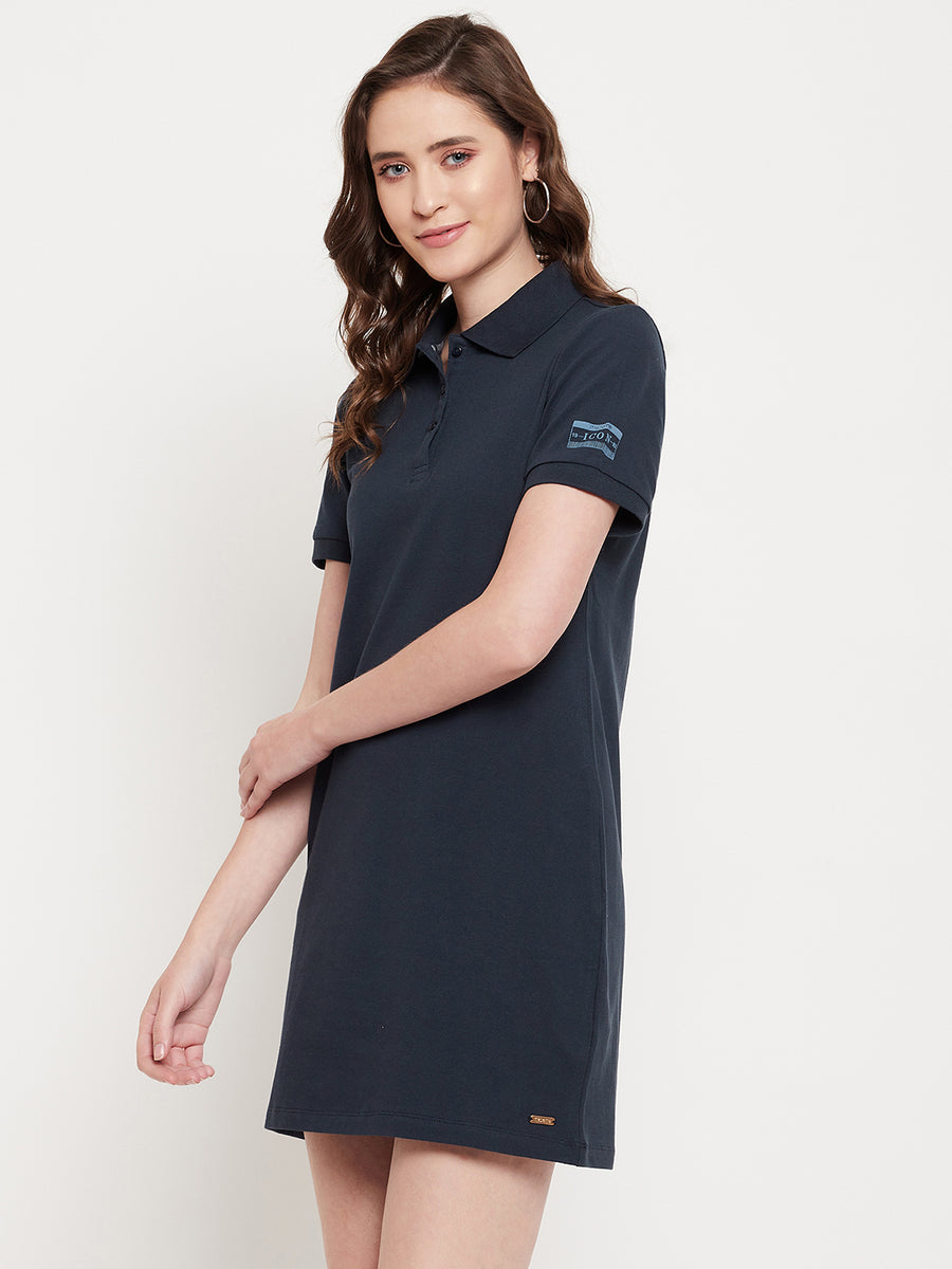 Madame  Navy Solid Polo Dress