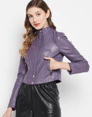 Madame Mock Neck Purple PU Leather Jacket