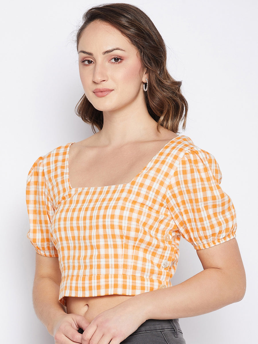 MADAME Orange Check Print Puffed Sleeves Top