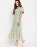 MADAME Tier Hem Off Shoulder Green Dress