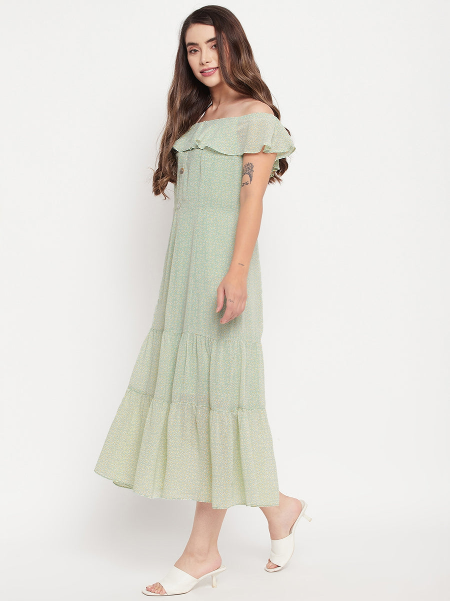 MADAME Tier Hem Off Shoulder Green Dress