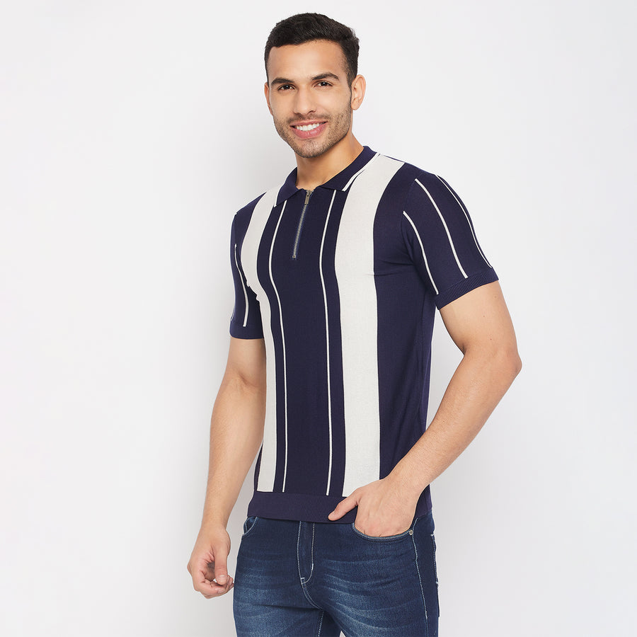 Camla Barcelona Navy Zipped Collar Cotton Tshirt