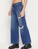 Madame Low Rise Distressed Navy Blue Wide Leg Jeans