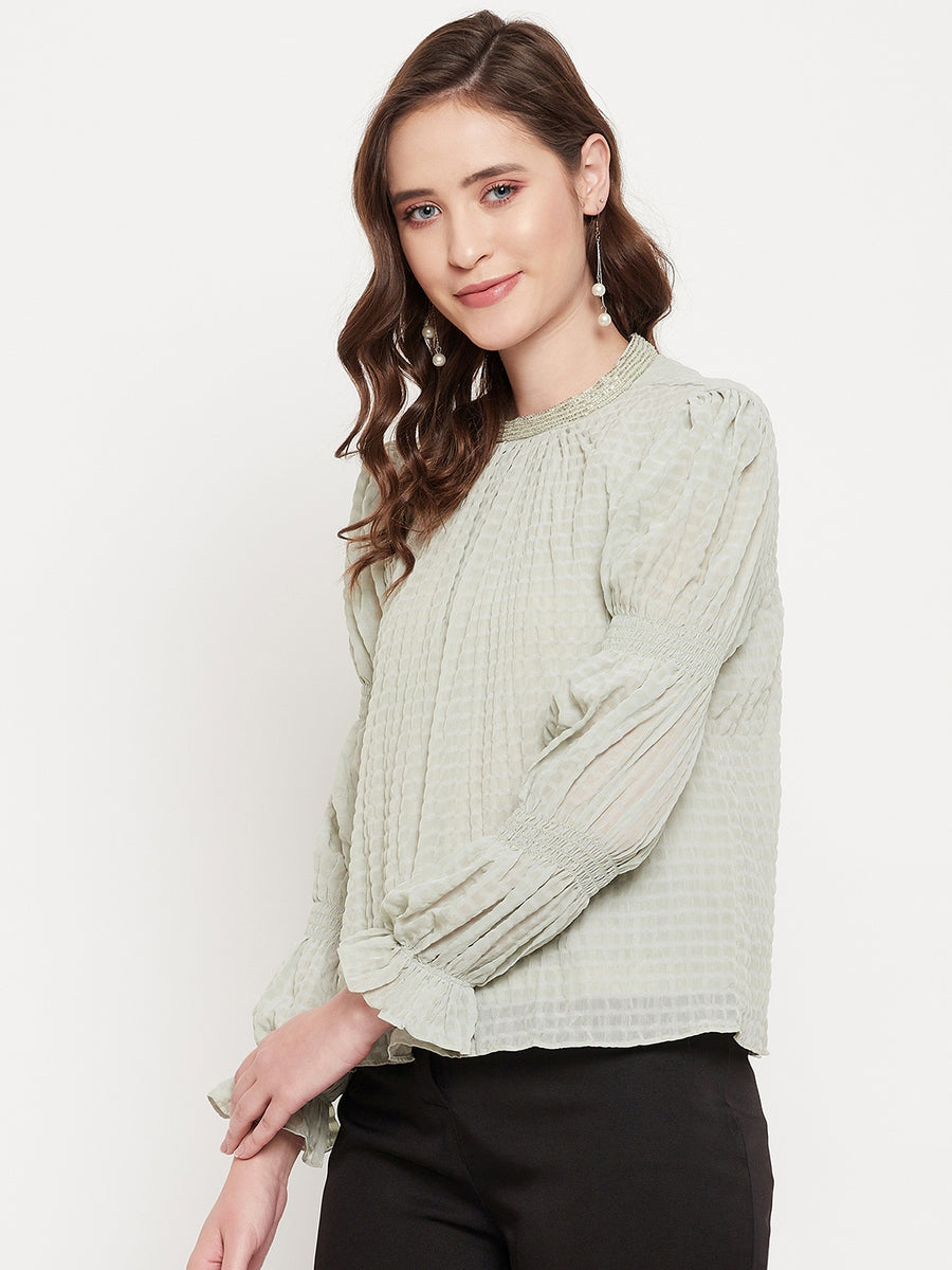 Madame  Mint Gathered Sleeve Textured Top