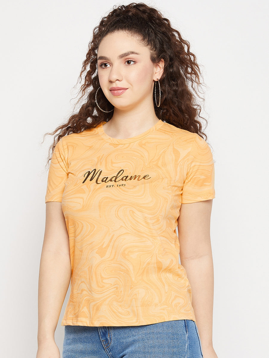 MADAME Mustard Printed Crew Neckline  Top