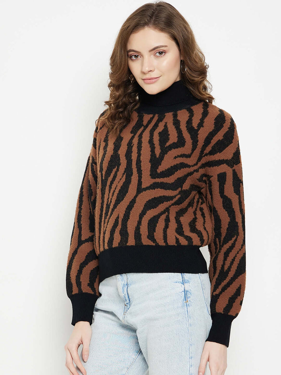 CAMLA Animal Print Turtle Neck Ribbed Pullover for Women
