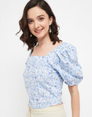 Madame Sky Floral Square Neckline Puffed  Sleeves Top