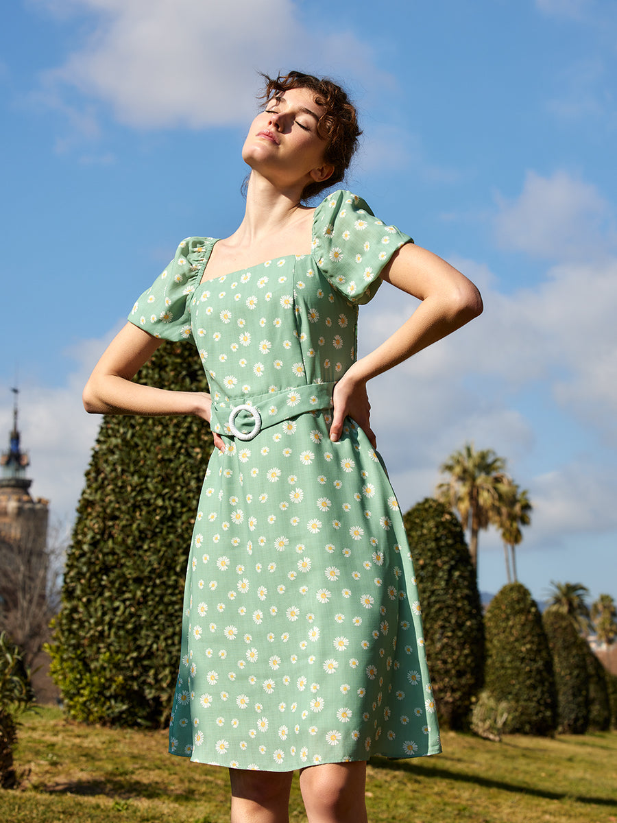 Madame  Green Floral A-Line Dress