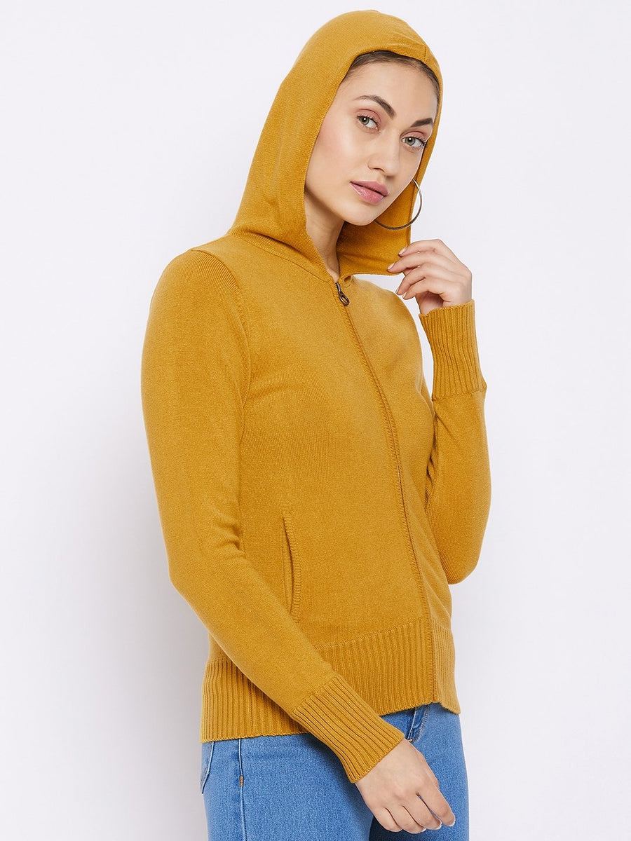 Madame  Mustard Ribbed Hem Hooded Sweater