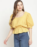 Camla Barcelona Puff Sleeve Mustard Yellow Peplum Top