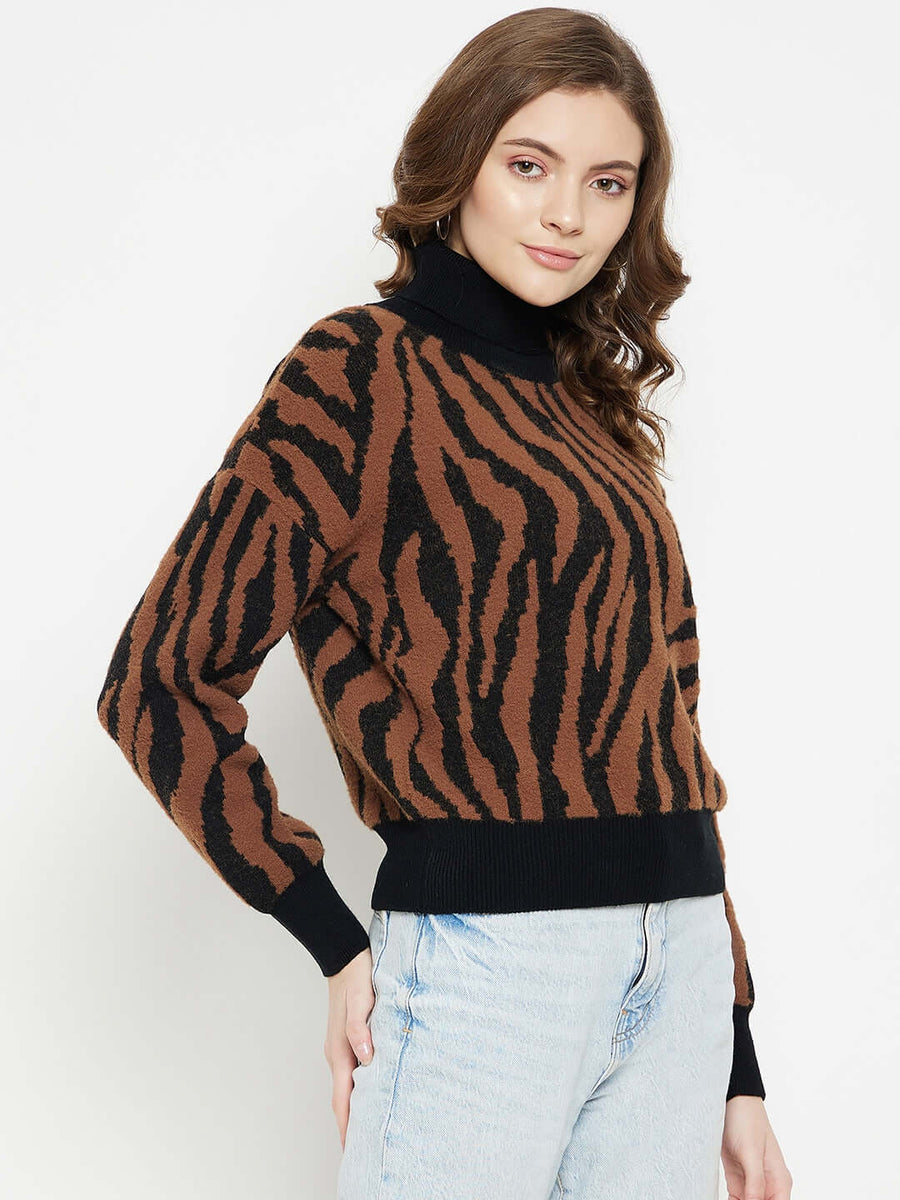 CAMLA Animal Print Turtle Neck Ribbed Pullover for Women