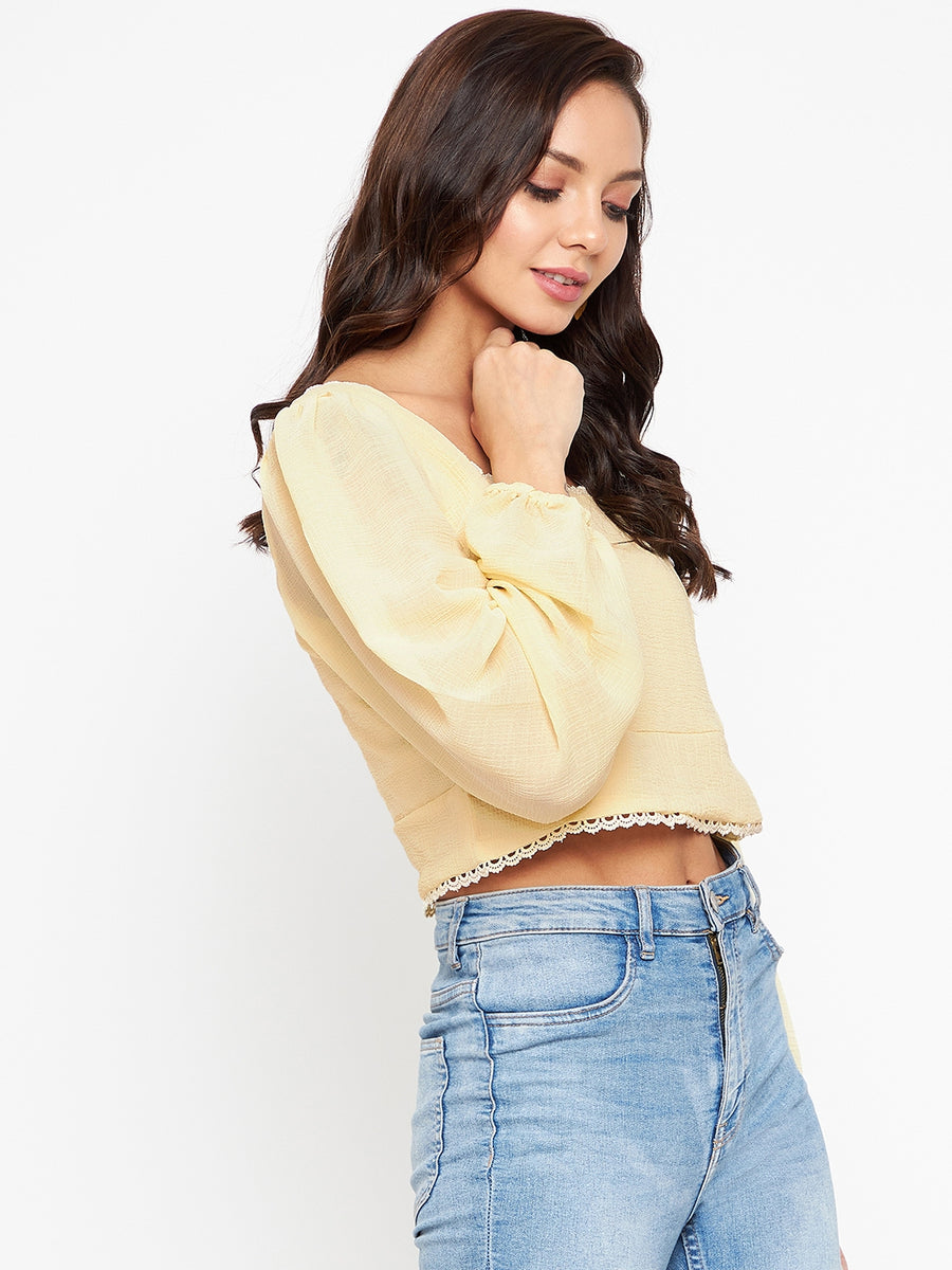 Madame  Yellow Solid Balloon Sleeved Crop Top