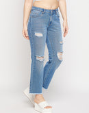 MADAME Ripped Mid-Rise Double Wash Cropped Straight Fit Jeans