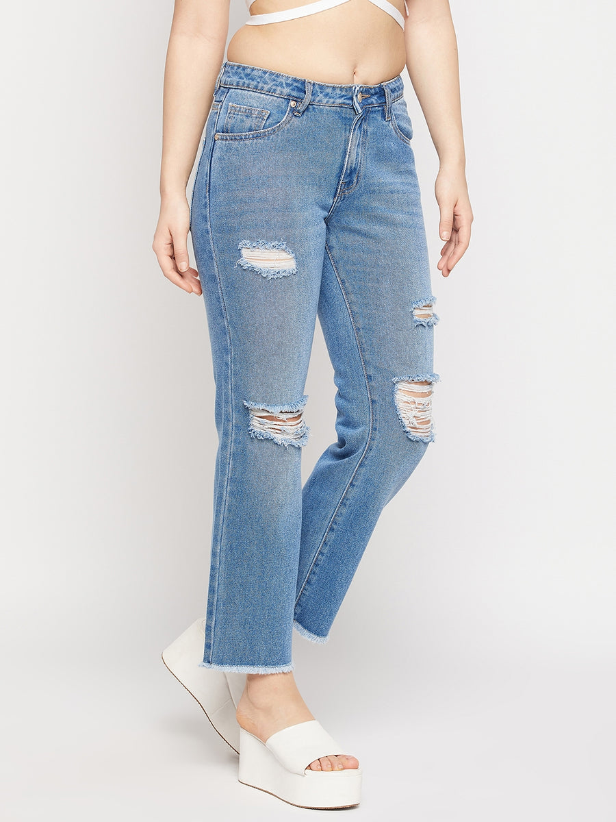 MADAME Ripped Mid-Rise Double Wash Cropped Straight Fit Jeans
