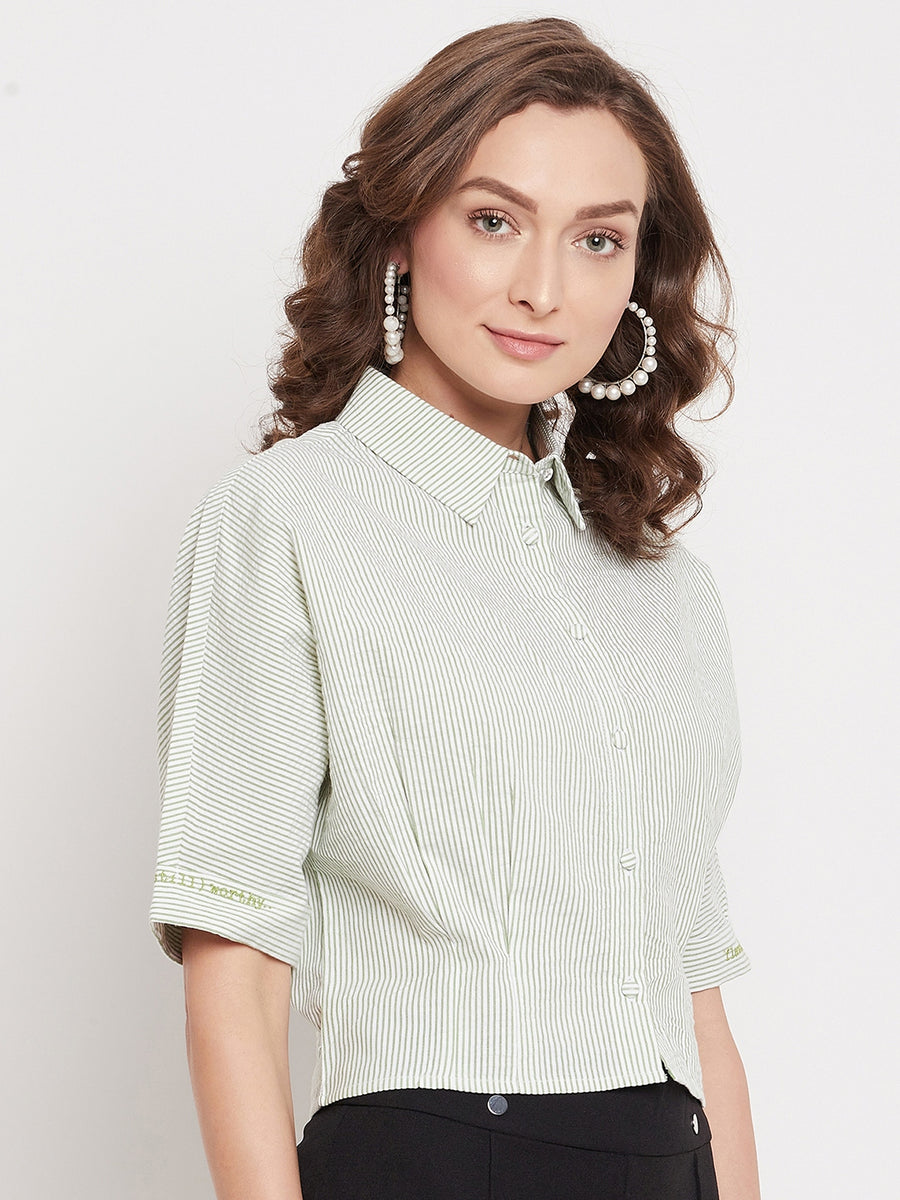 Madame  Green Striped Crop Shirt