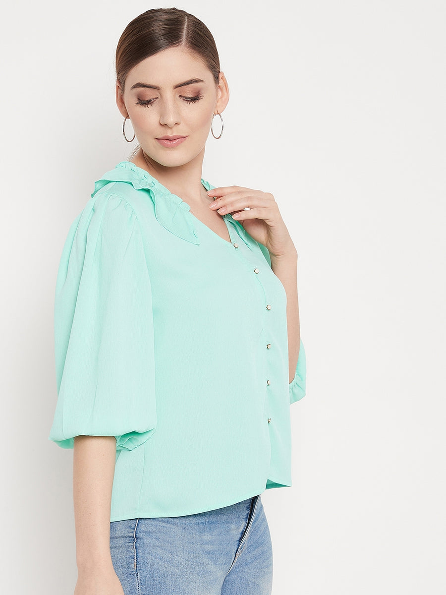 MADAME Balloon Sleeve Buttoned Ruffle Detailing Top