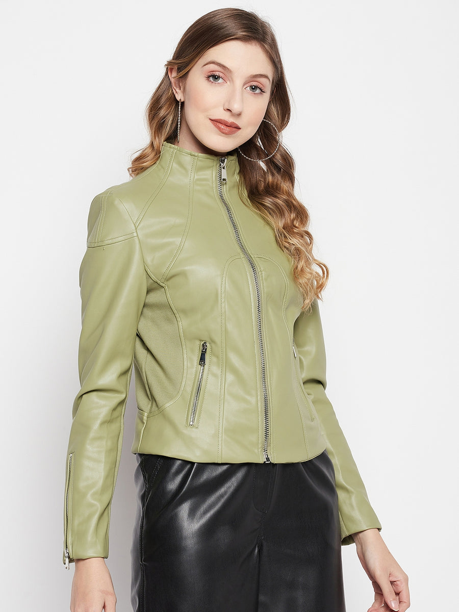 Madame Women Faux Leather Green Jacket