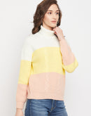 Madame Cable Knit Colourblocked White Turtleneck Sweater