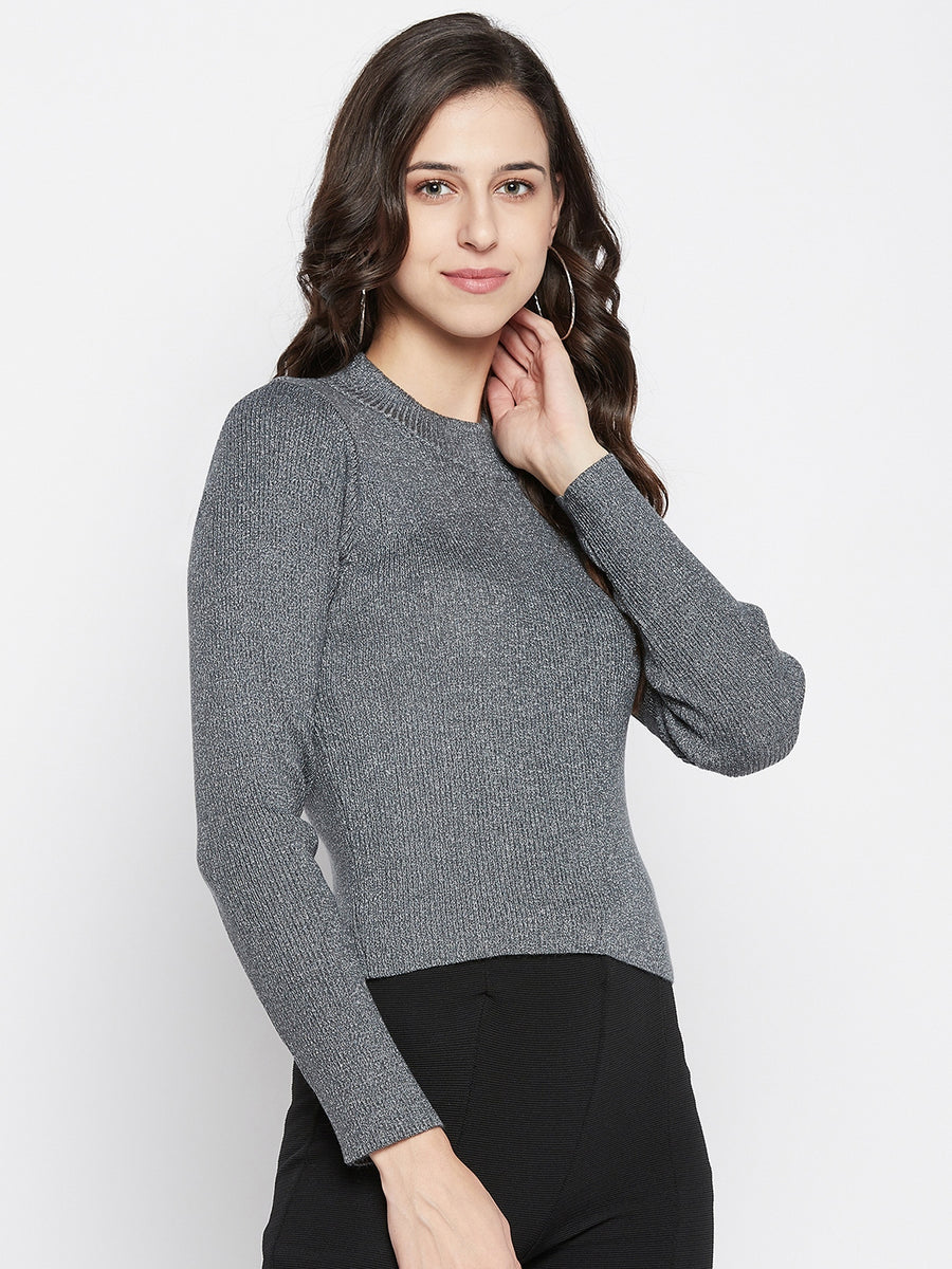 MADAME Grey High Neck Solid Sweater