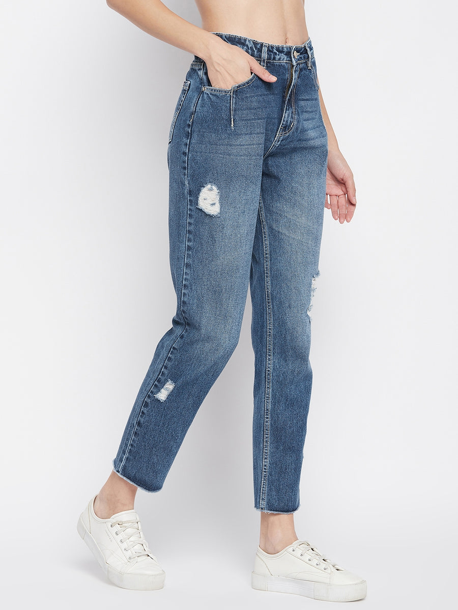 MADAME Blue Ripped Straight Fit Denim for Women