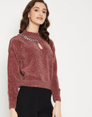 Camla Barcelona Keyhole Neck Rust Brown Chain Adorned Sweater