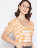 Madame Chequered Orange Puff Sleeve Crop Top