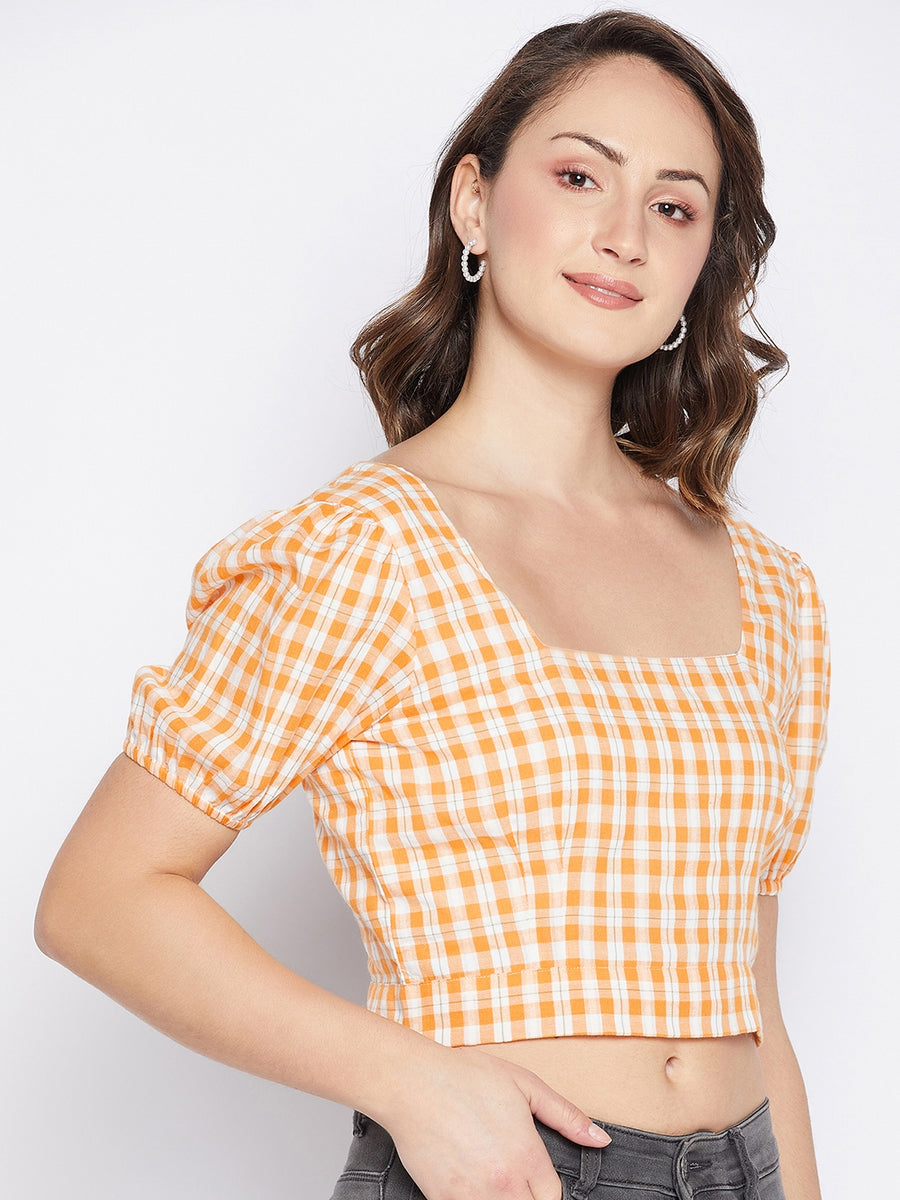 MADAME Orange Check Print Puffed Sleeves Top
