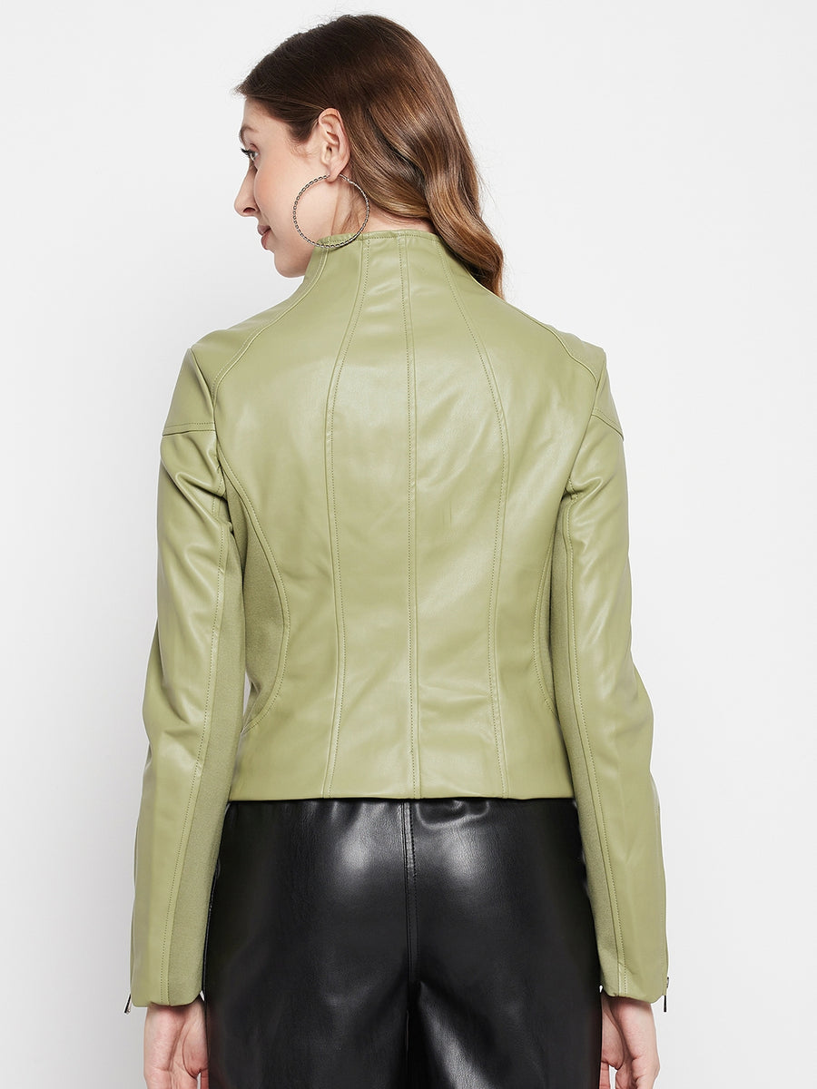 Madame Women Faux Leather Green Jacket