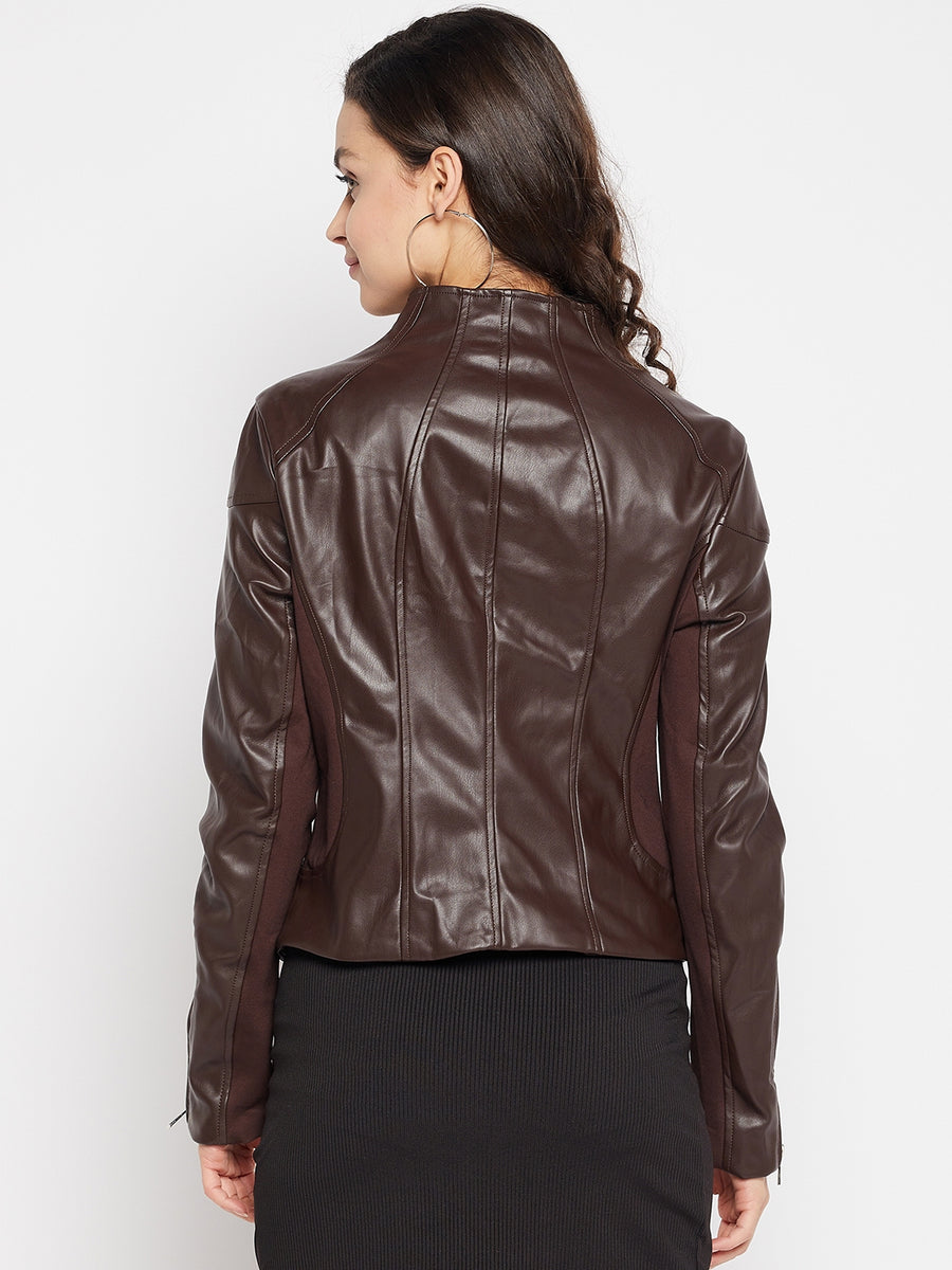 Madame Women Faux Leather Brown Jacket