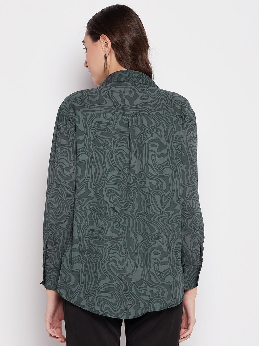 MADAME Green Marble Print Shirt for Women