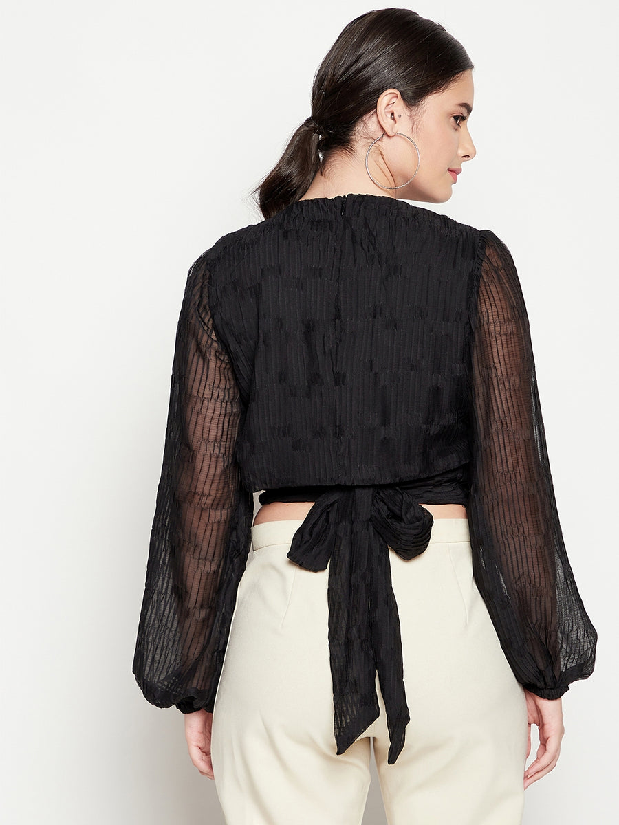Madame  Black Self Design Fabric Top With Belt at Back