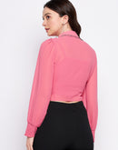 MADAME Pink Tie-Front Bishop Sleeve Crop Top