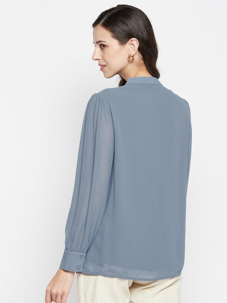MADAME Solid Blue Shirt Top