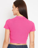 Camla Women Hot Pink Solid Collared Crop Top