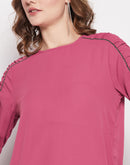 MADAME Pink Embellished Sleeve Regular Top