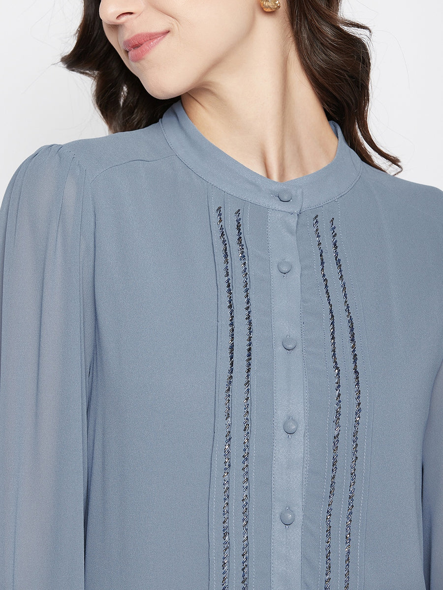 MADAME Solid Blue Shirt Top