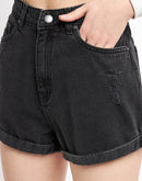 MADAME  Folded Hem Black   Denim Shorts