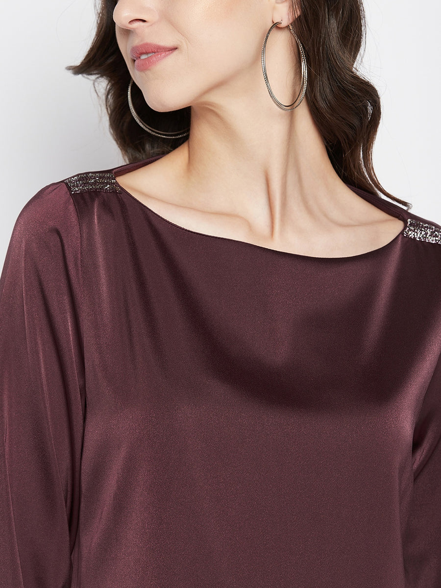 MADAME Boat Neck Cuff Sleeve Solid Onion Top