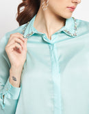 Camla Barcelona Embellished Collar Full Sleeve Green Satin Shirt
