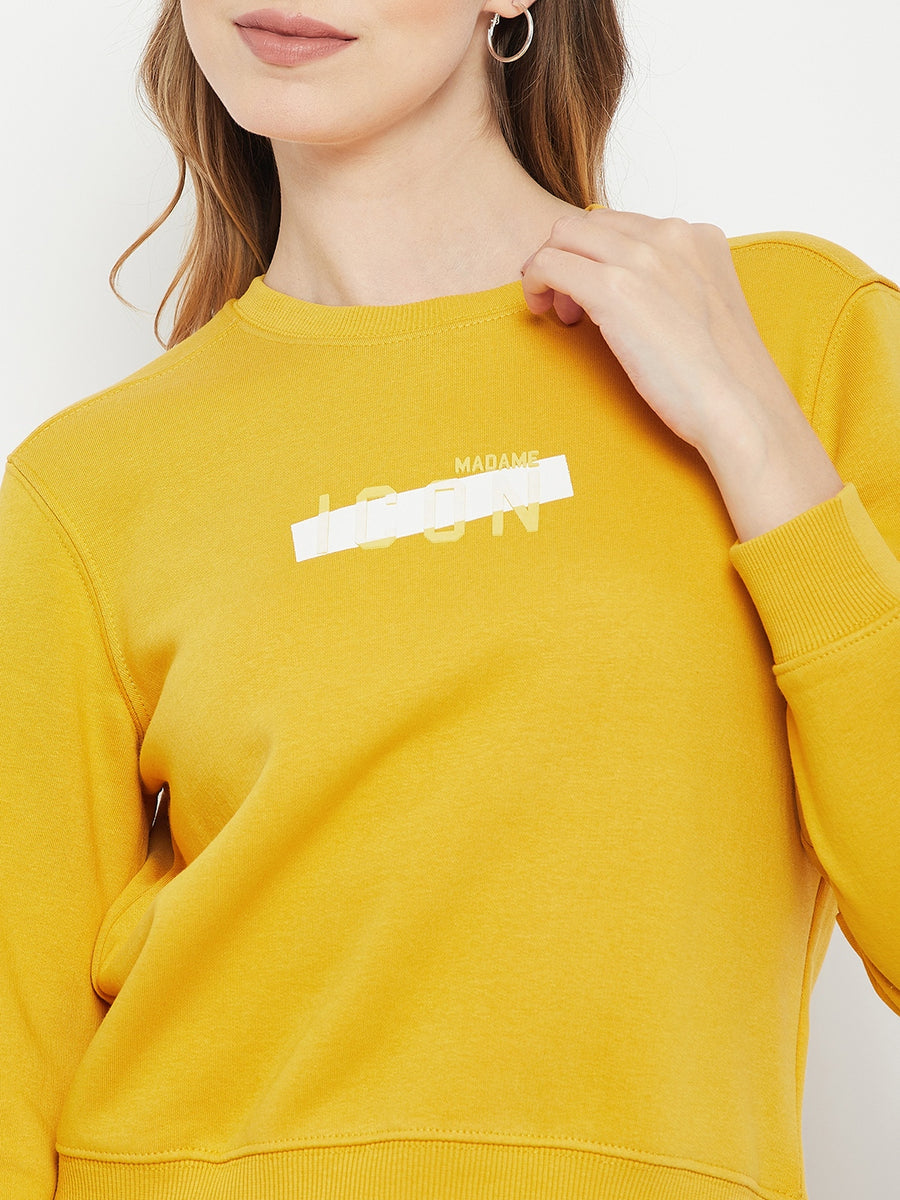 MADAME Crew Neck Printed Yellow  Sweatshirt
