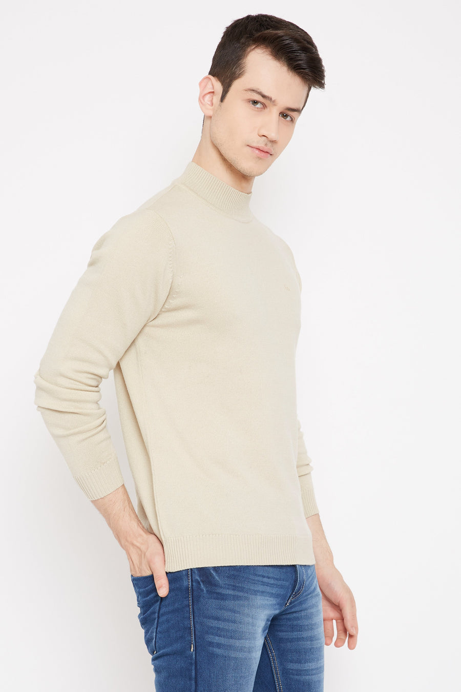 Camla Men Fawn Color Solid Sweater