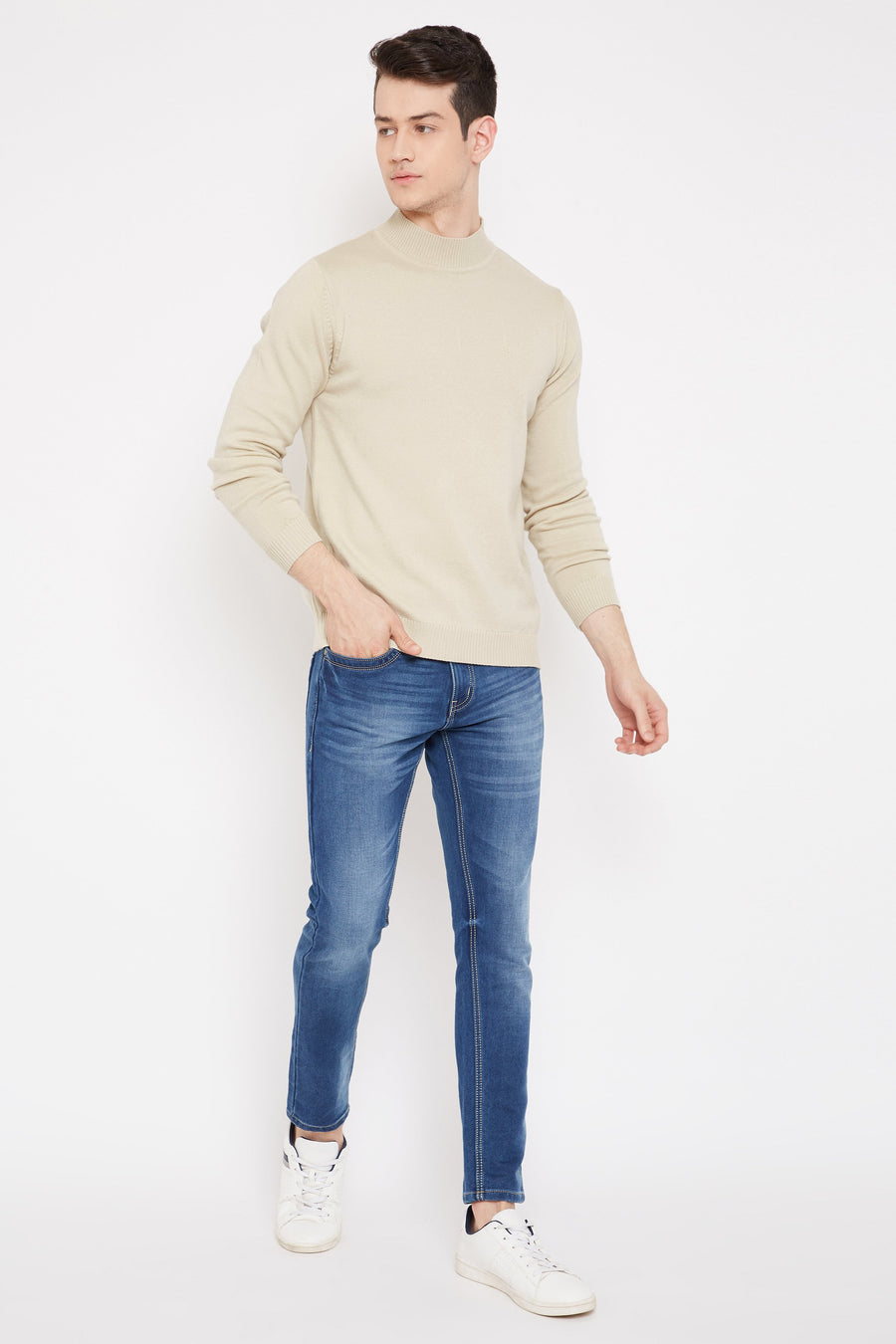 Camla Men Fawn Color Solid Sweater
