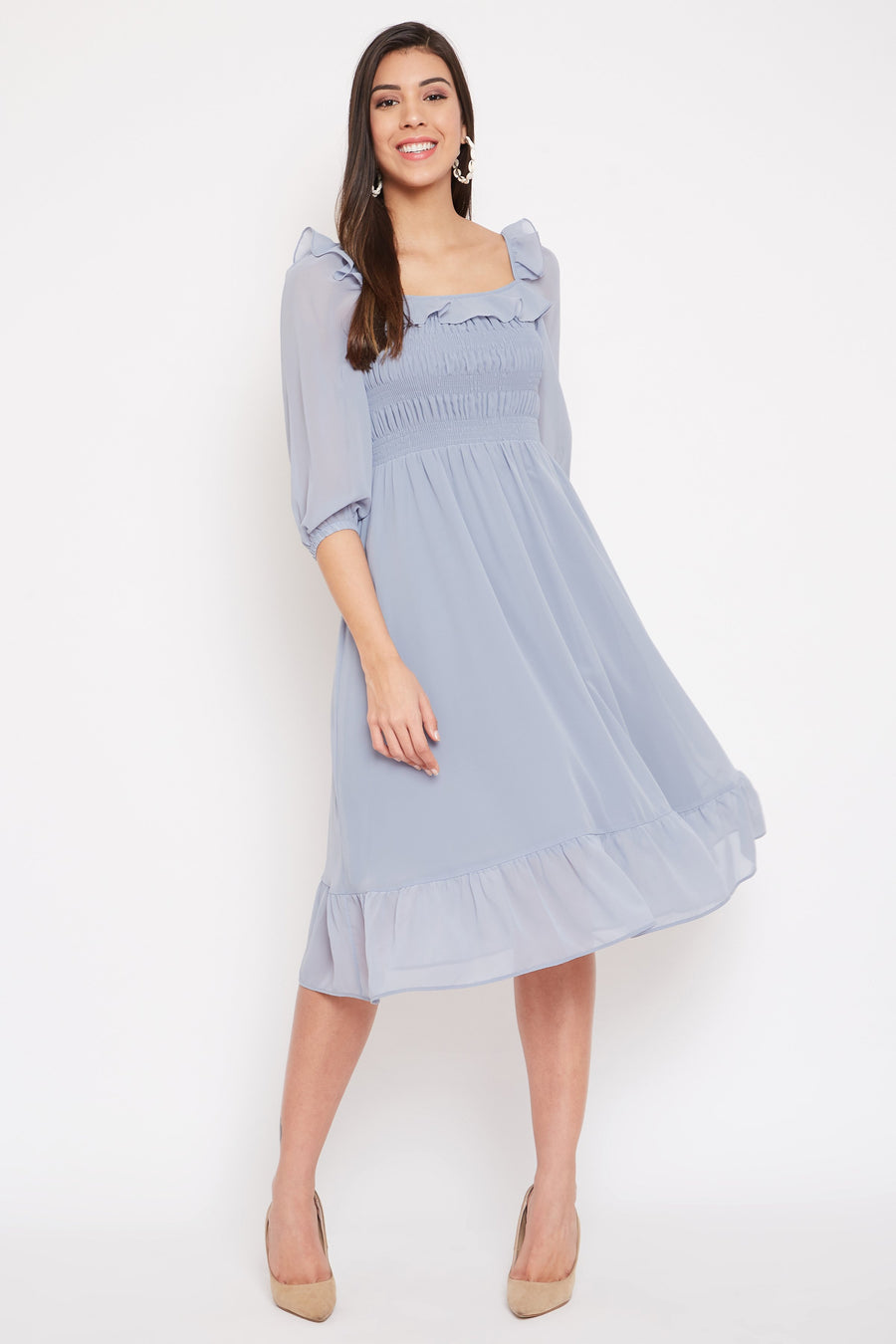 Madame  Blue Solid A-Line Dress