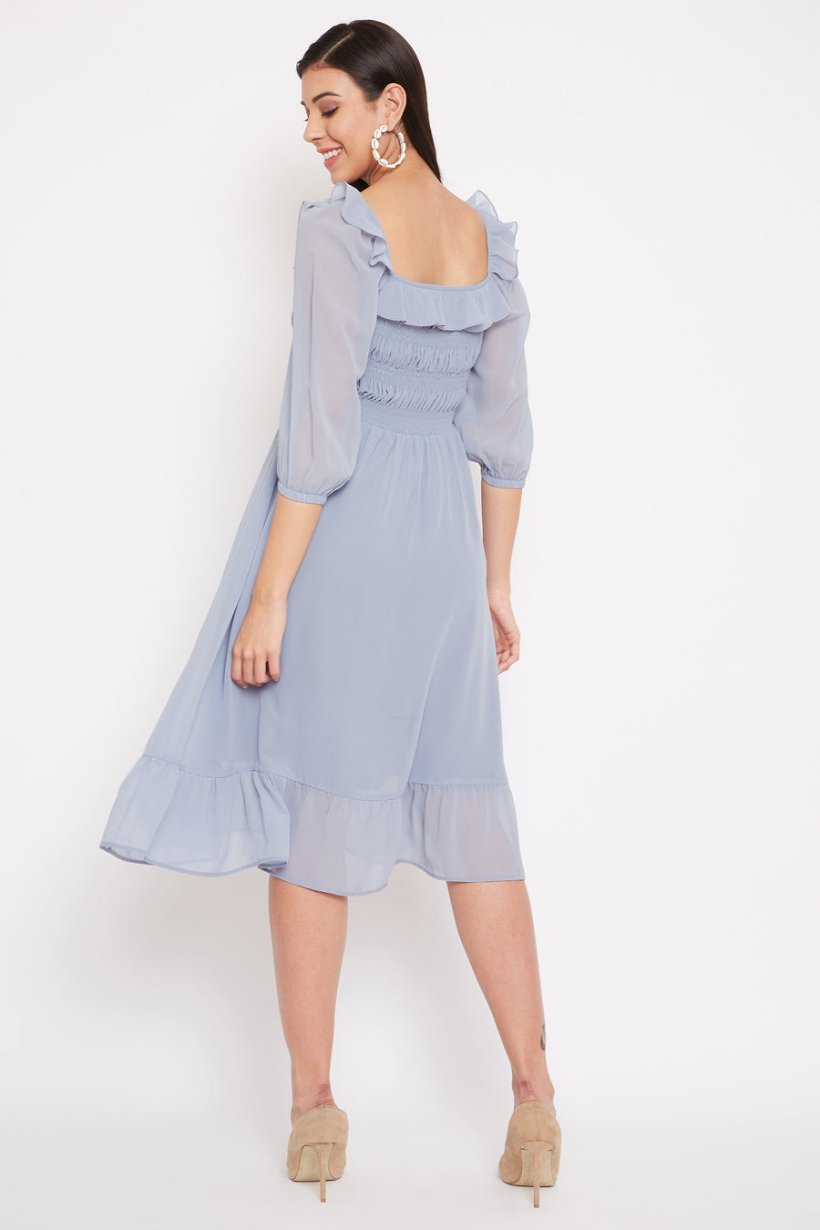 Madame  Blue Solid A-Line Dress