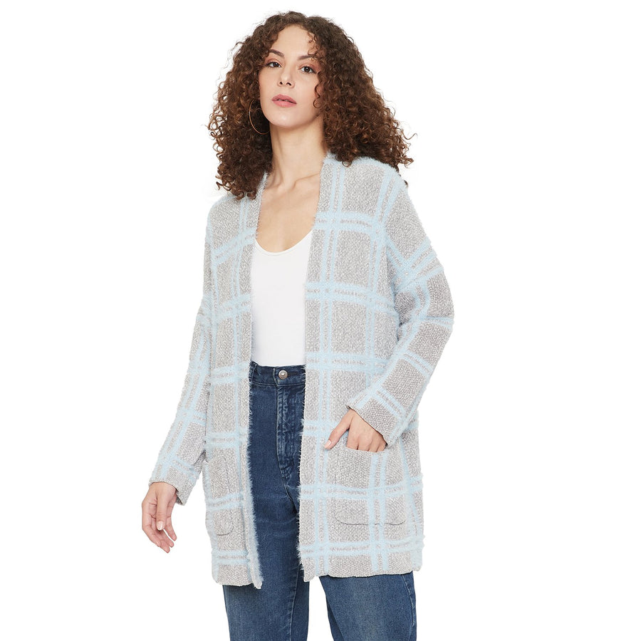 Madame  Long Checkered Open Front Sweater