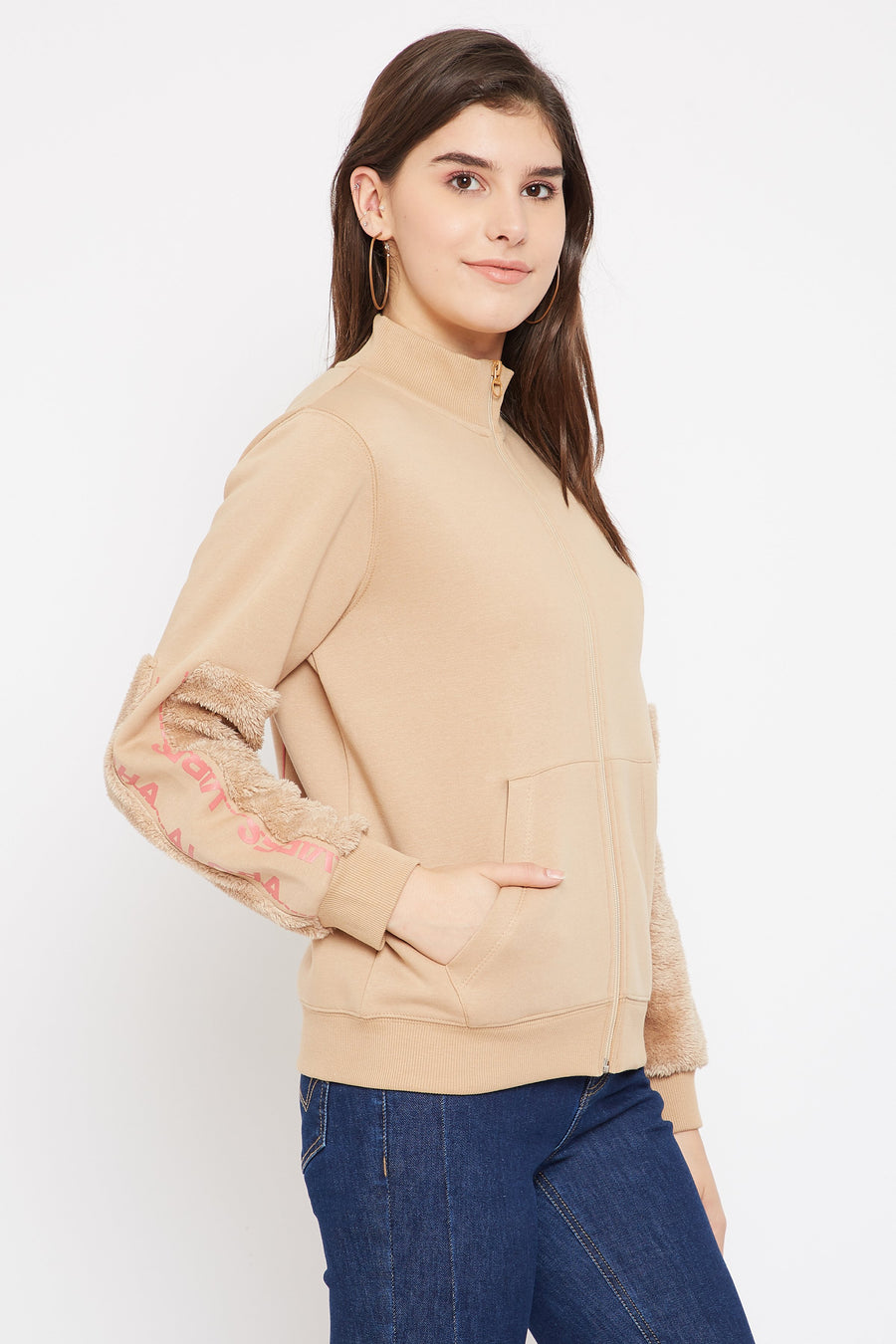 Madame  Beige Self Design Sweatshirt
