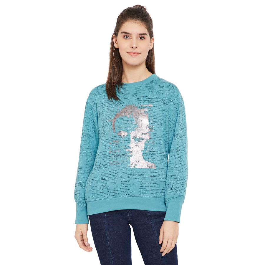 Madame  Sky Blue Printed Sweatshirt
