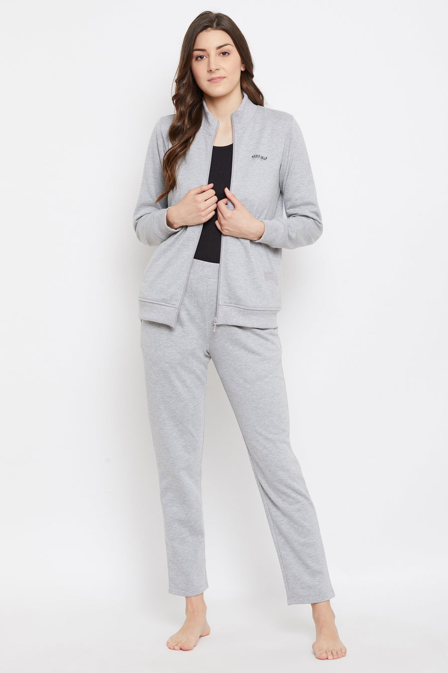 Msecret Women Grey Printed Zip Night Suit